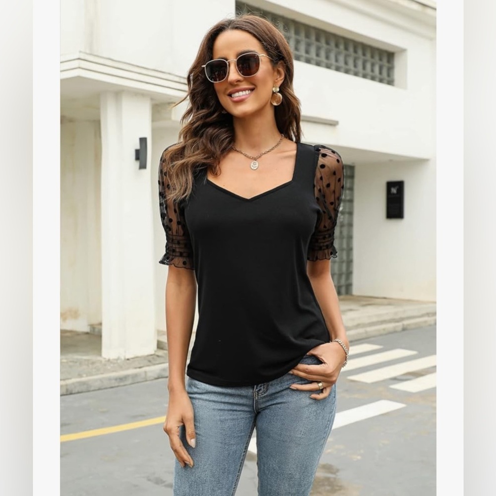 Women’s Puff Sleeve Top Sweetheart Neckline Dressy Casual Short Sleeve Shirt - Picture 3 of 4